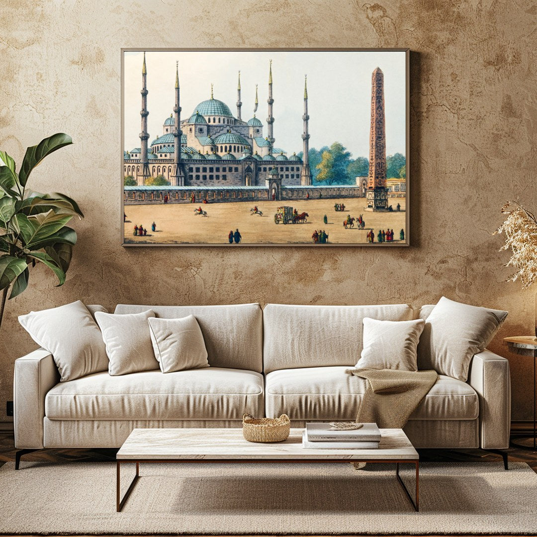 Experience the grandeur of Ottoman architecture with this stunning watercolor featuring a majestic for Family Room