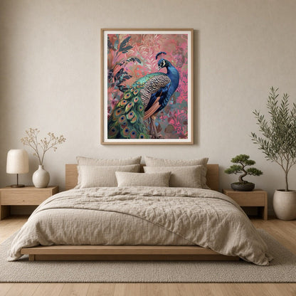 Immerse yourself in the vibrant splendor of this exquisite artwork, where a majestic peacock for Bedroom