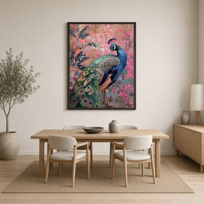 Immerse yourself in the vibrant splendor of this exquisite artwork, where a majestic peacock for Dining