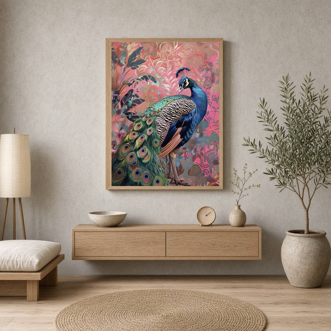 Immerse yourself in the vibrant splendor of this exquisite artwork, where a majestic peacock for Entrance