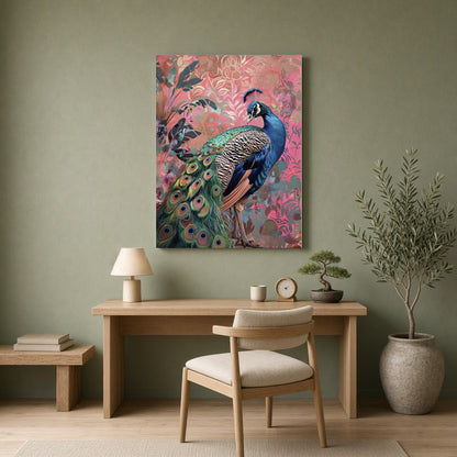 Immerse yourself in the vibrant splendor of this exquisite artwork, where a majestic peacock for Home Office