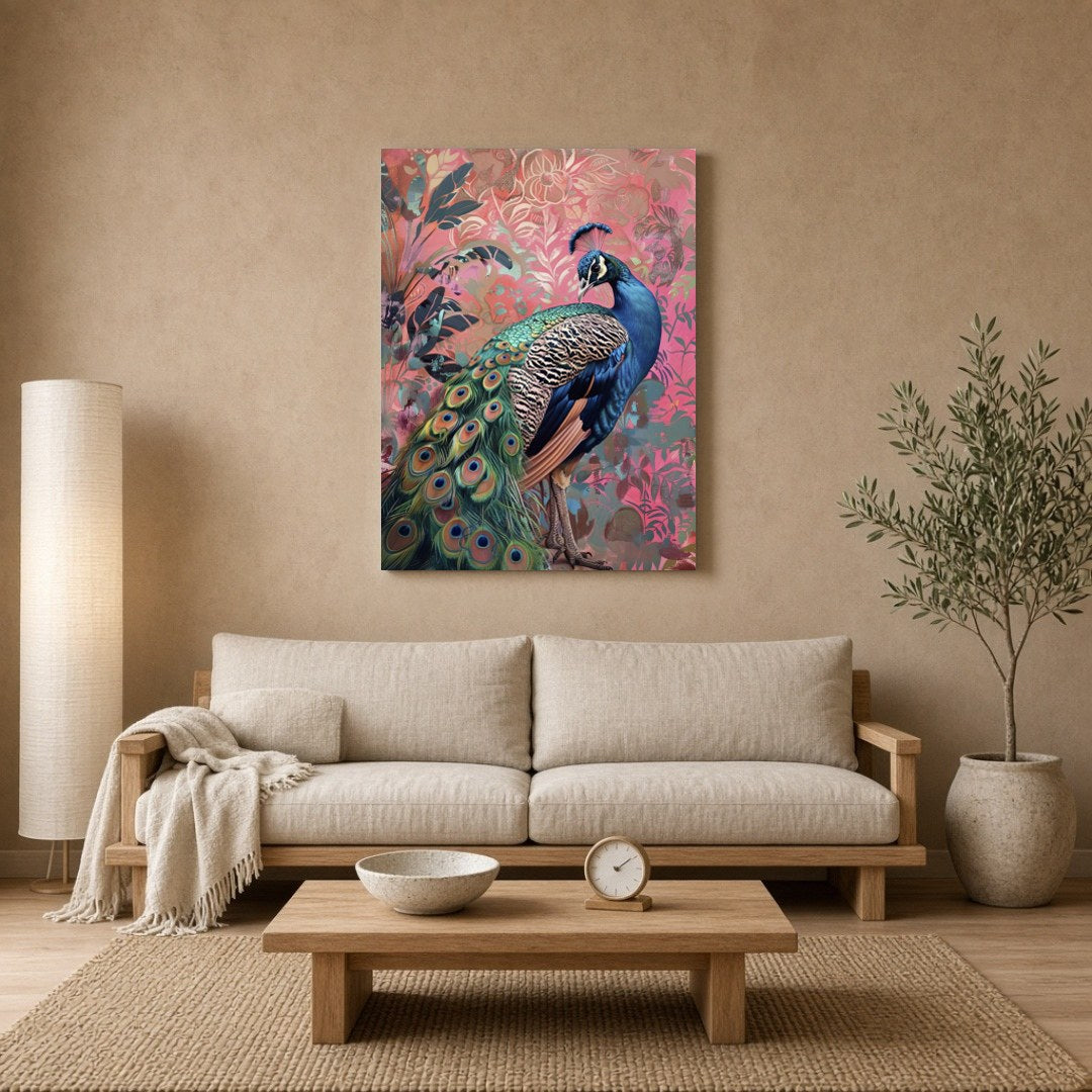 Immerse yourself in the vibrant splendor of this exquisite artwork, where a majestic peacock for Living Room