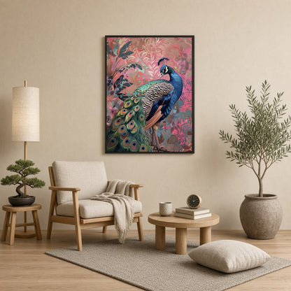 Immerse yourself in the vibrant splendor of this exquisite artwork, where a majestic peacock for Reading Nook