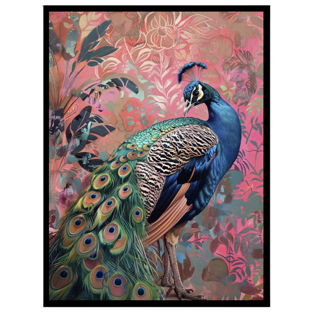 Immerse yourself in the vibrant splendor of this exquisite artwork, where a majestic peacock for space