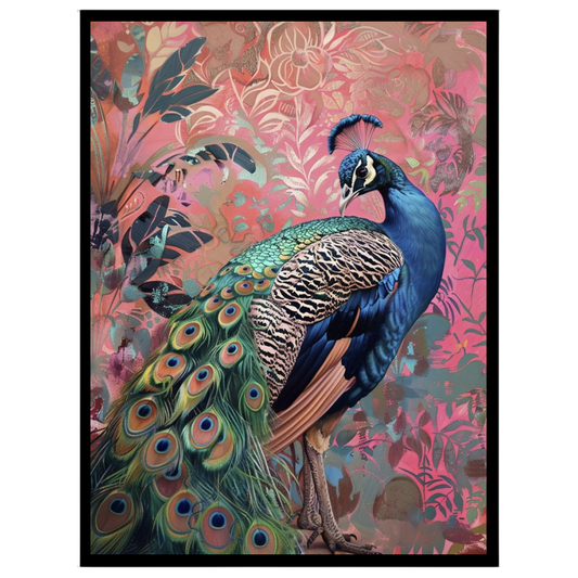 Immerse yourself in the vibrant splendor of this exquisite artwork, where a majestic peacock for space