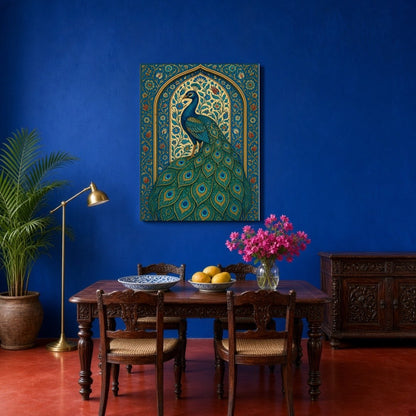 This exquisite artwork captures the regal beauty of a peacock surrounded by intricate Mughal floral for Dining