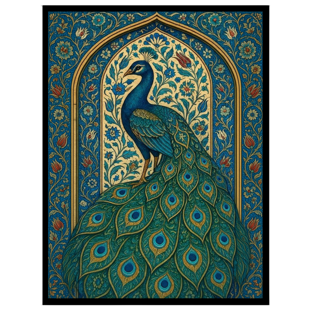 This exquisite artwork captures the regal beauty of a peacock surrounded by intricate Mughal floral for dwelling