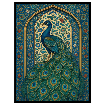 This exquisite artwork captures the regal beauty of a peacock surrounded by intricate Mughal floral for dwelling