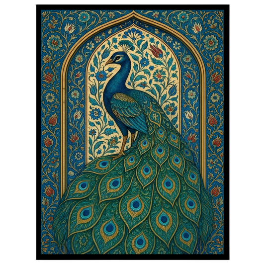 This exquisite artwork captures the regal beauty of a peacock surrounded by intricate Mughal floral for dwelling