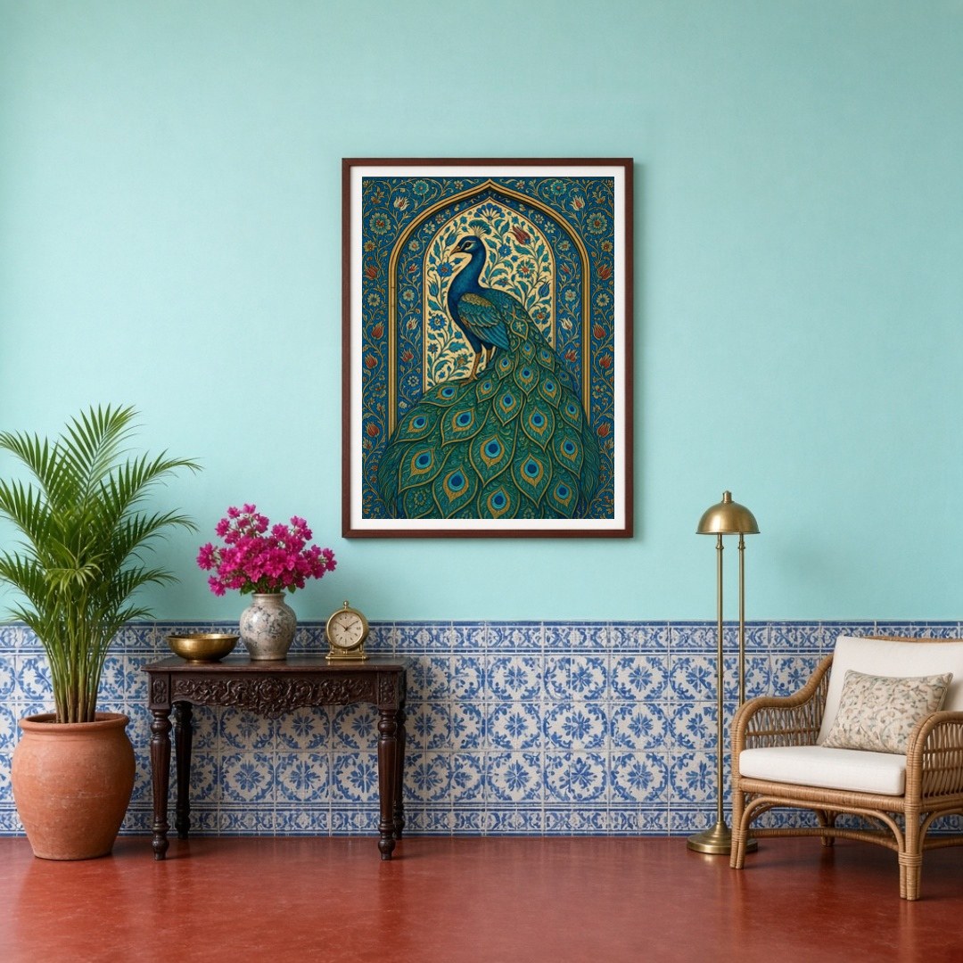 This exquisite artwork captures the regal beauty of a peacock surrounded by intricate Mughal floral for Entrance