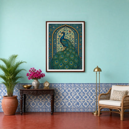 This exquisite artwork captures the regal beauty of a peacock surrounded by intricate Mughal floral for Entrance