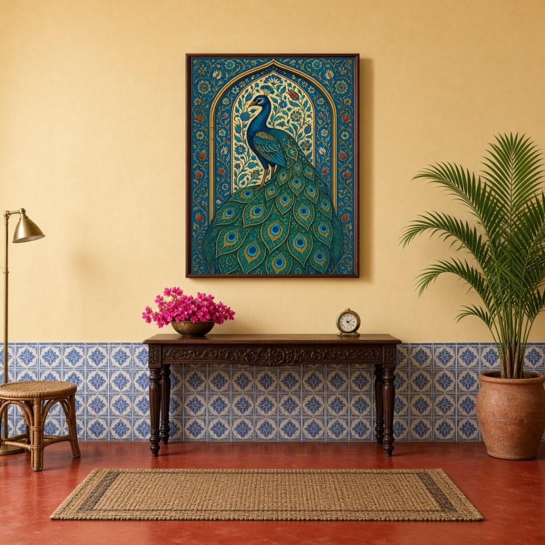 This exquisite artwork captures the regal beauty of a peacock surrounded by intricate Mughal floral for Hallway