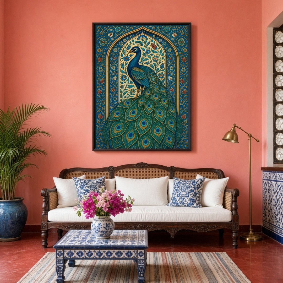 This exquisite artwork captures the regal beauty of a peacock surrounded by intricate Mughal floral for Living Room