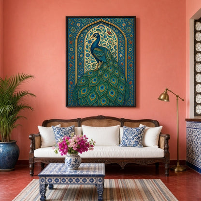 This exquisite artwork captures the regal beauty of a peacock surrounded by intricate Mughal floral for Living Room