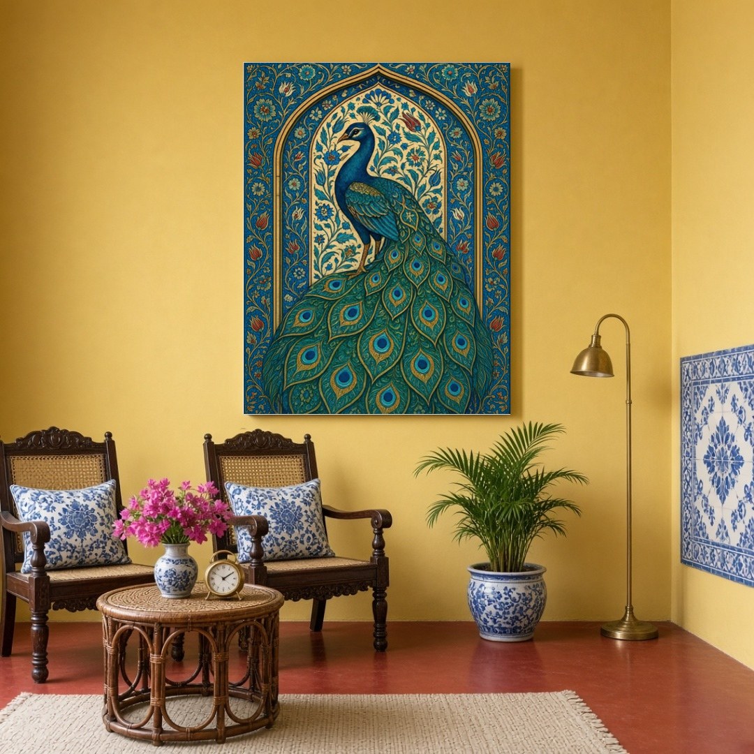 This exquisite artwork captures the regal beauty of a peacock surrounded by intricate Mughal floral for Sitting Area