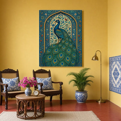 This exquisite artwork captures the regal beauty of a peacock surrounded by intricate Mughal floral for Sitting Area