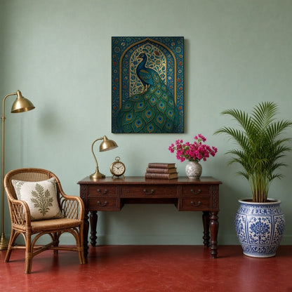 This exquisite artwork captures the regal beauty of a peacock surrounded by intricate Mughal floral for Study
