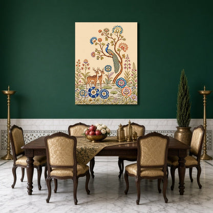 Celebrate the harmony of nature with this exquisite Kalamkari artwork featuring a regal peacock for Dining