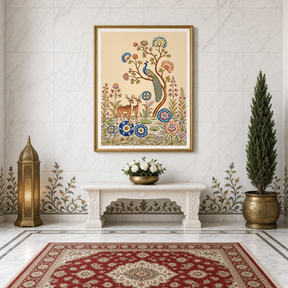 Celebrate the harmony of nature with this exquisite Kalamkari artwork featuring a regal peacock for Entrance