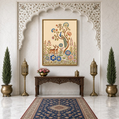 Celebrate the harmony of nature with this exquisite Kalamkari artwork featuring a regal peacock for Hallway
