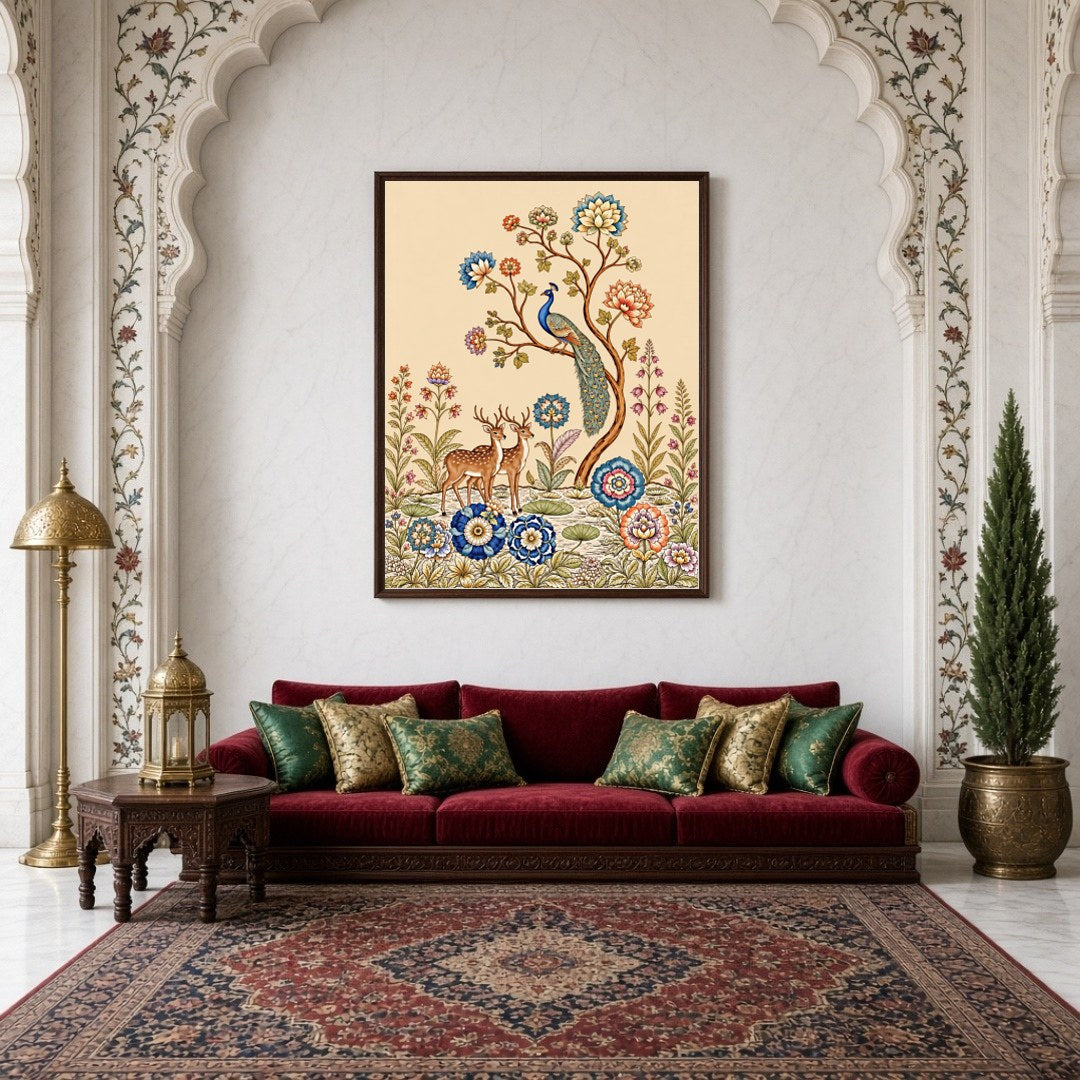 Celebrate the harmony of nature with this exquisite Kalamkari artwork featuring a regal peacock for Living Room