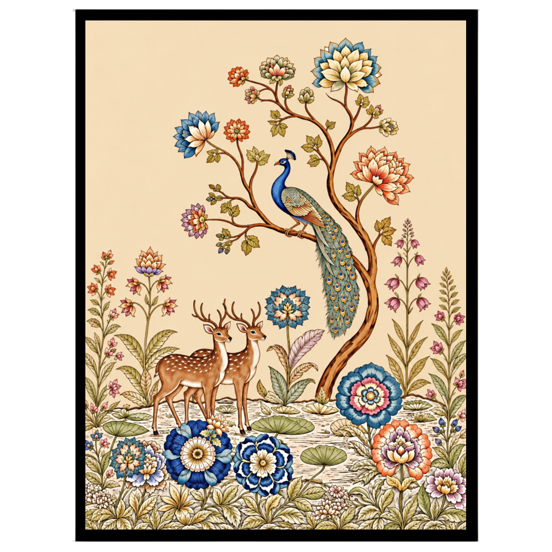 Celebrate the harmony of nature with this exquisite Kalamkari artwork featuring a regal peacock for office