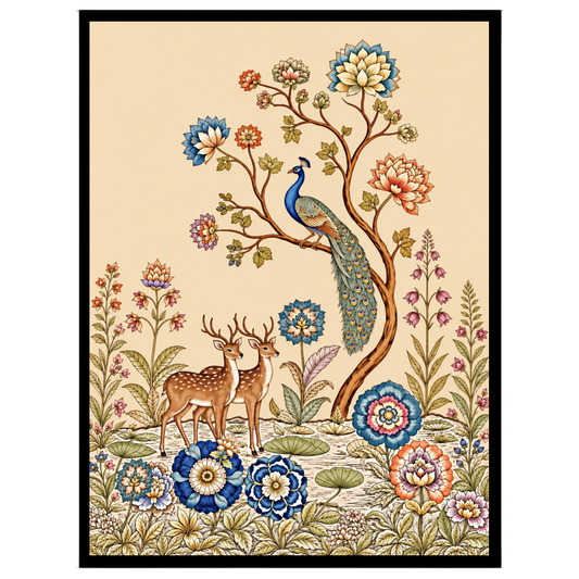 Celebrate the harmony of nature with this exquisite Kalamkari artwork featuring a regal peacock for office