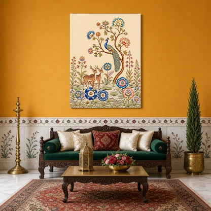 Celebrate the harmony of nature with this exquisite Kalamkari artwork featuring a regal peacock for Sitting Area
