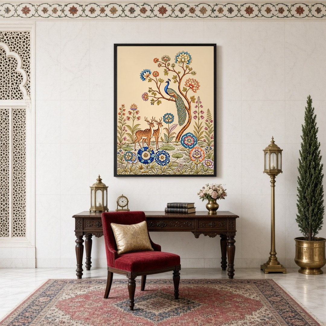 Celebrate the harmony of nature with this exquisite Kalamkari artwork featuring a regal peacock for Study