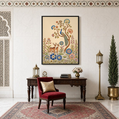 Celebrate the harmony of nature with this exquisite Kalamkari artwork featuring a regal peacock for Study