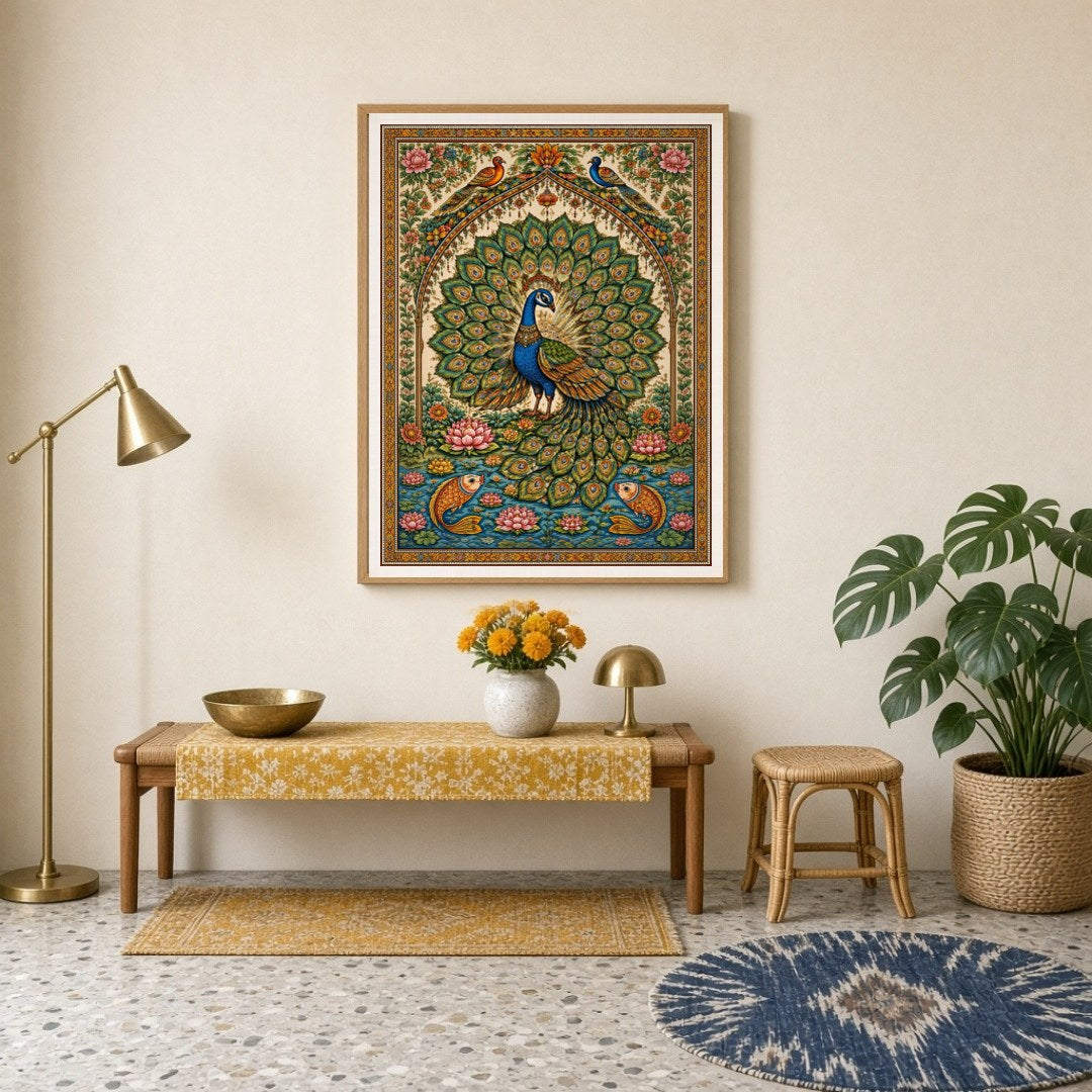This exquisite artwork captures the regal beauty of a peacock surrounded by blooming lotuses and for Entrance