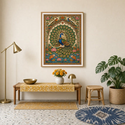 This exquisite artwork captures the regal beauty of a peacock surrounded by blooming lotuses and for Entrance