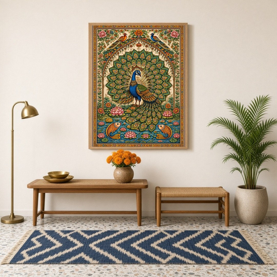 This exquisite artwork captures the regal beauty of a peacock surrounded by blooming lotuses and for Hallway