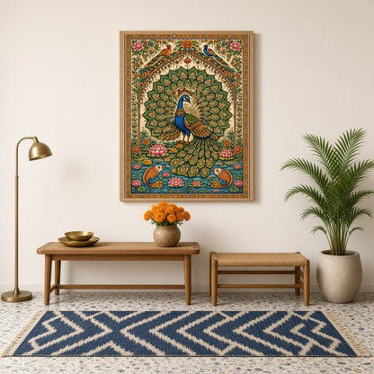 This exquisite artwork captures the regal beauty of a peacock surrounded by blooming lotuses and for Hallway