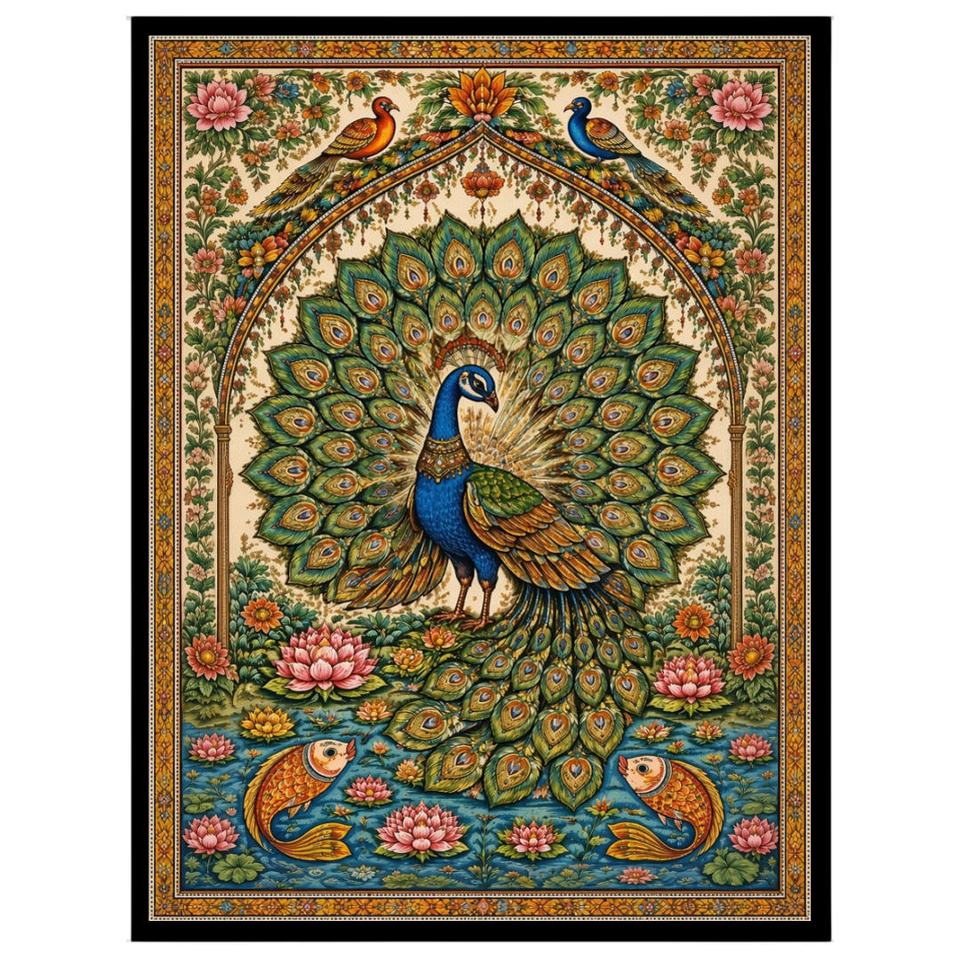 This exquisite artwork captures the regal beauty of a peacock surrounded by blooming lotuses and for haven