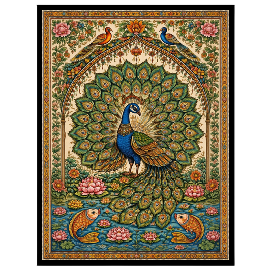 This exquisite artwork captures the regal beauty of a peacock surrounded by blooming lotuses and for haven