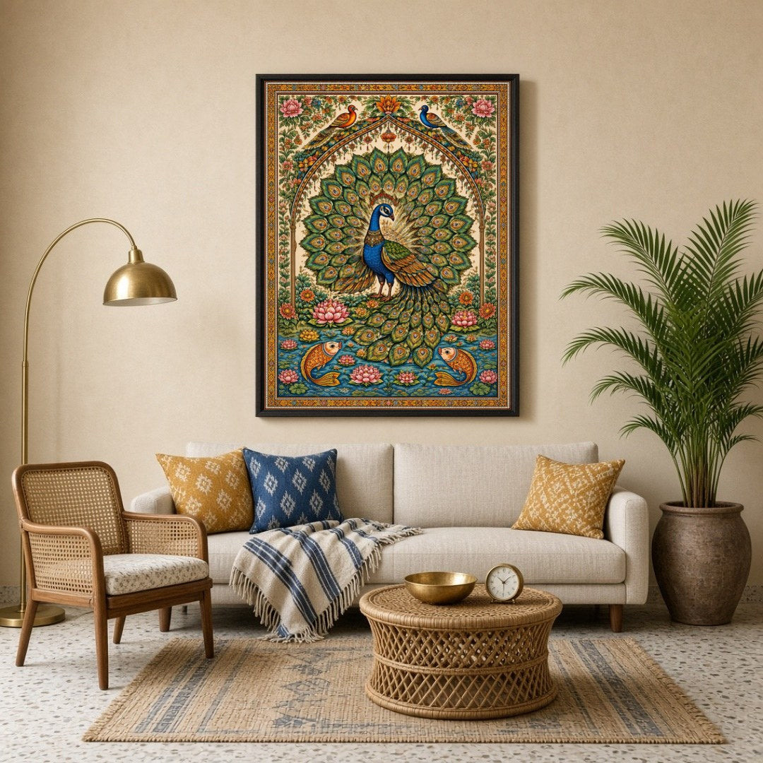 This exquisite artwork captures the regal beauty of a peacock surrounded by blooming lotuses and for Living Room