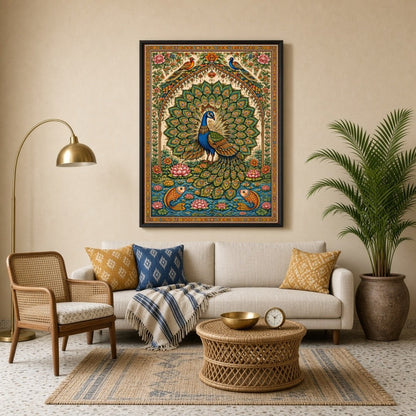 This exquisite artwork captures the regal beauty of a peacock surrounded by blooming lotuses and for Living Room