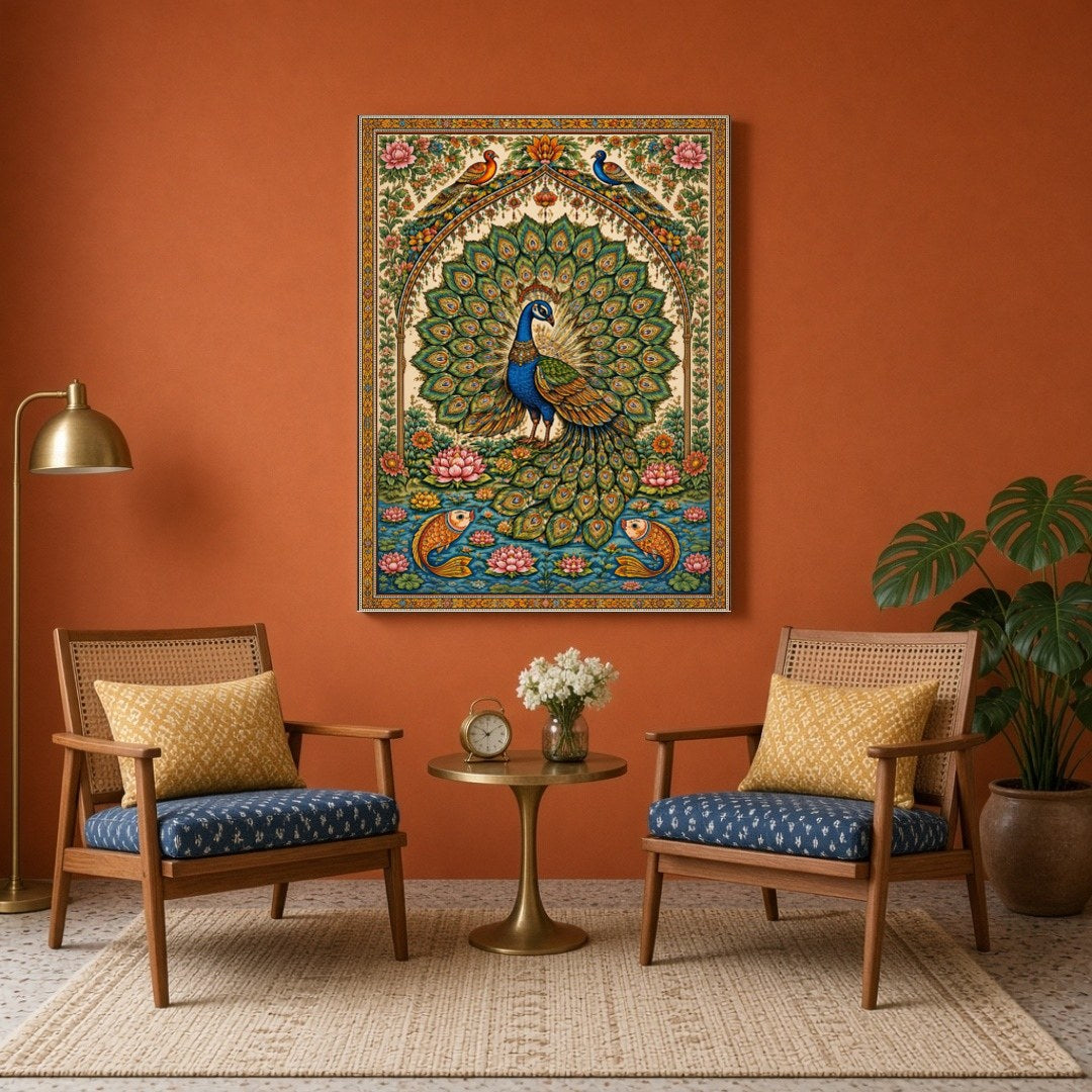 This exquisite artwork captures the regal beauty of a peacock surrounded by blooming lotuses and for Sitting Area