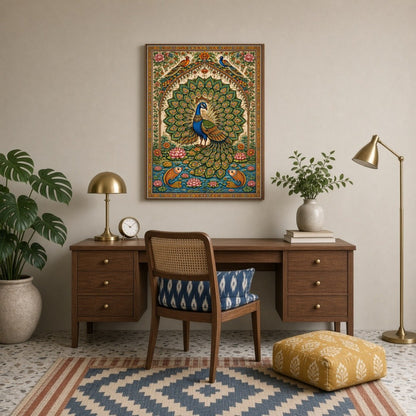 This exquisite artwork captures the regal beauty of a peacock surrounded by blooming lotuses and for Study
