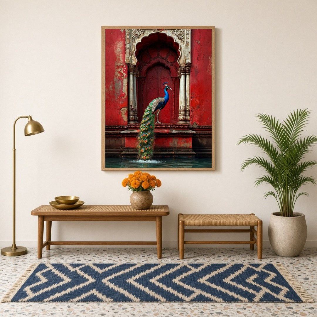 Capture the regal essence of classical Indian art with this mesmerizing Pichwai print, depicting a for Hallway