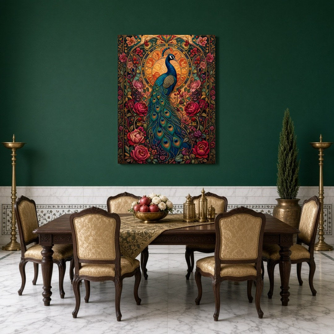 Experience the regal beauty of the peacock captured amidst a vibrant tapestry of blooming flowers for Dining