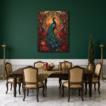 Experience the regal beauty of the peacock captured amidst a vibrant tapestry of blooming flowers for Dining