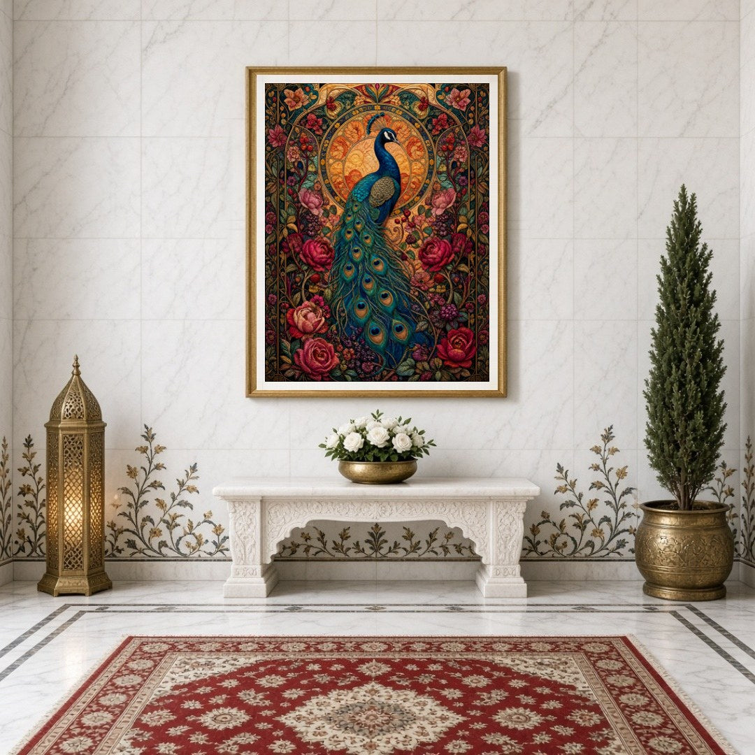 Experience the regal beauty of the peacock captured amidst a vibrant tapestry of blooming flowers for Entrance