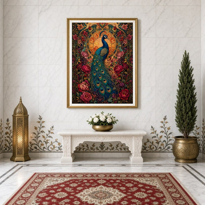 Experience the regal beauty of the peacock captured amidst a vibrant tapestry of blooming flowers for Entrance