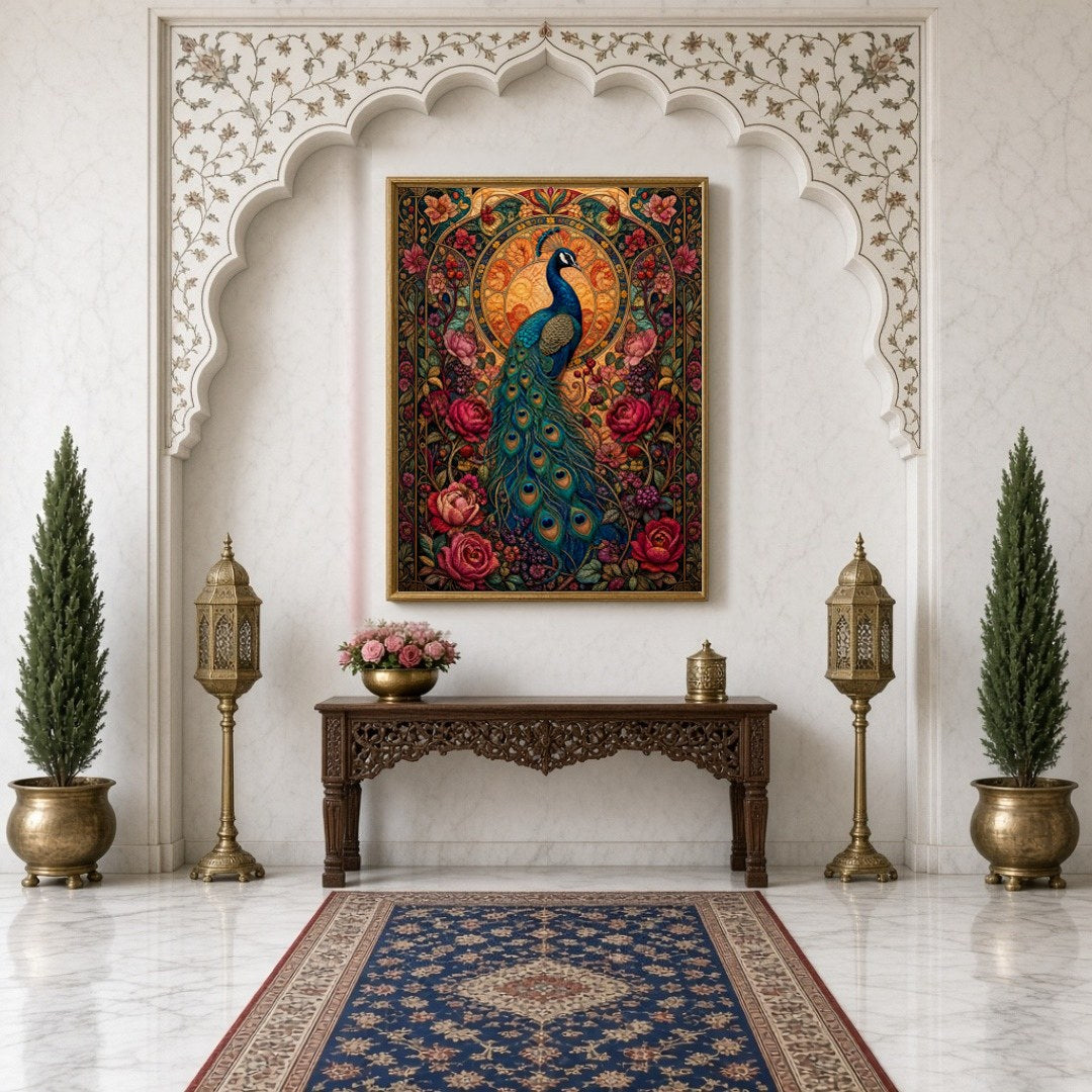 Experience the regal beauty of the peacock captured amidst a vibrant tapestry of blooming flowers for Hallway