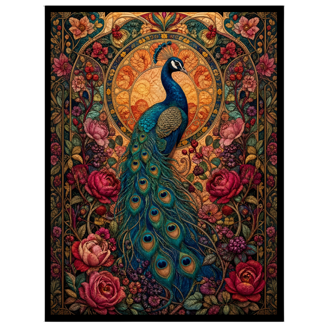Experience the regal beauty of the peacock captured amidst a vibrant tapestry of blooming flowers for interior