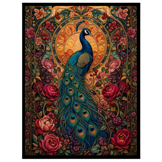 Experience the regal beauty of the peacock captured amidst a vibrant tapestry of blooming flowers for interior