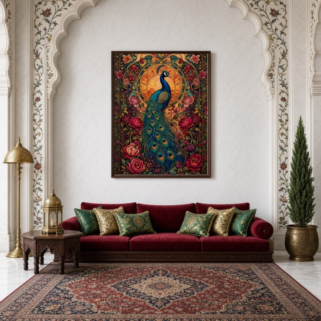 Experience the regal beauty of the peacock captured amidst a vibrant tapestry of blooming flowers for Living Room