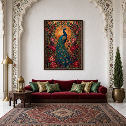 Experience the regal beauty of the peacock captured amidst a vibrant tapestry of blooming flowers for Living Room